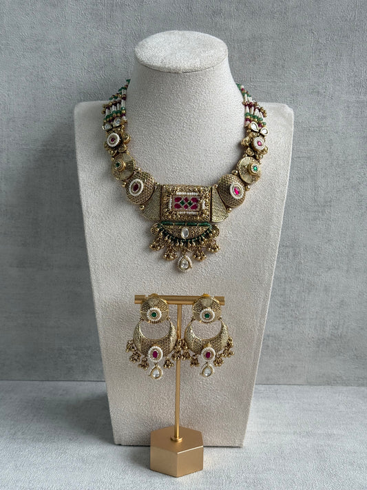 Ayura Designs Purvi Set – Necklace & Earrings with Antique Gold Filigree, Ruby, Emerald & Pearl Detailing