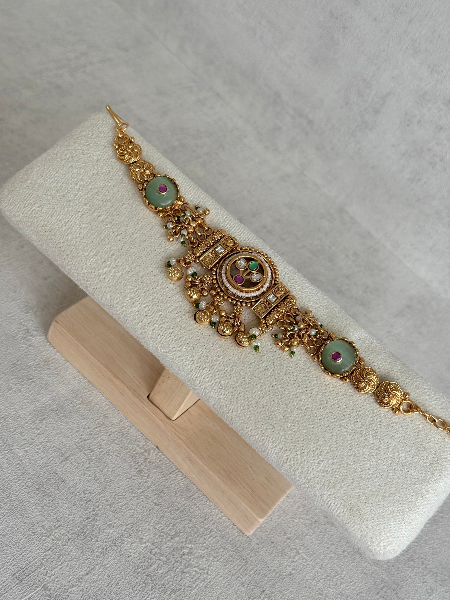 Ayura Designs Pravya Bracelet – Gold Bracelet with Mint, Pink & Green Stones & Ghungroo Detailing