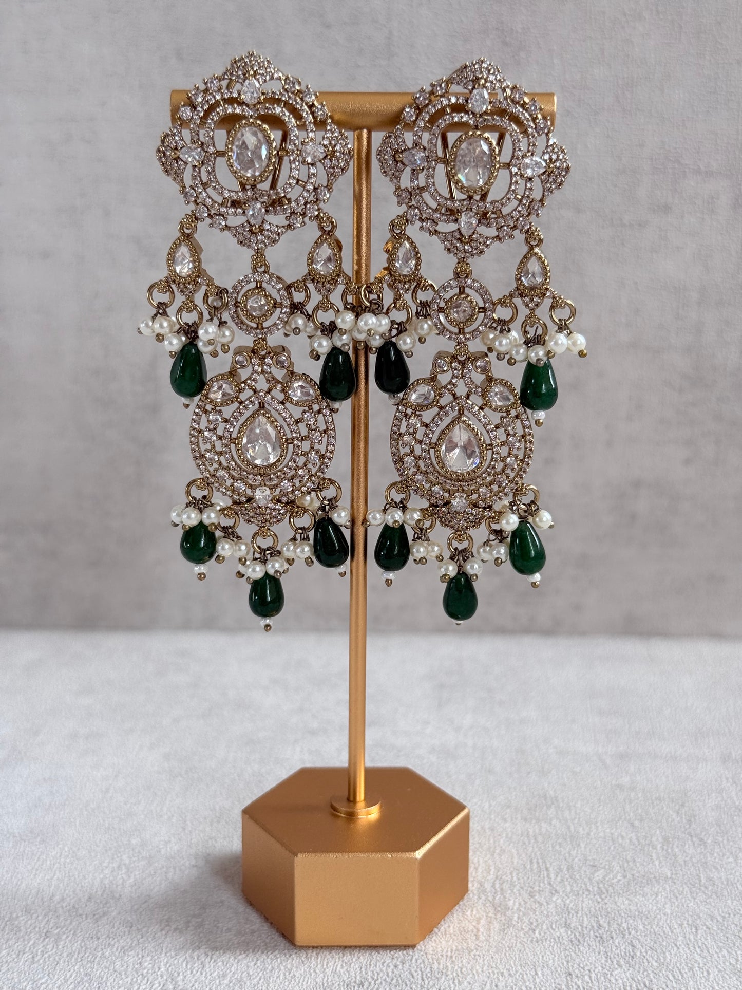 Ayura Designs Fazal Set with Necklace, Earrings & Tikka – Emerald Green Drops, Pearl Detailing & Moissanite Stonework
