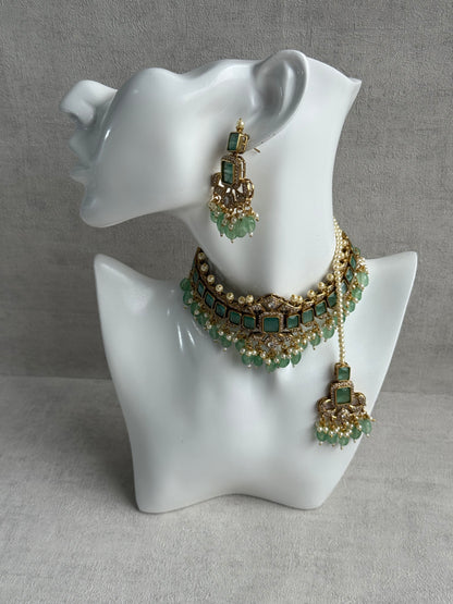 Ayura Designs Esme Set – Antique Gold Choker with Mint Green Stones, Pearls & Crystal Detailing