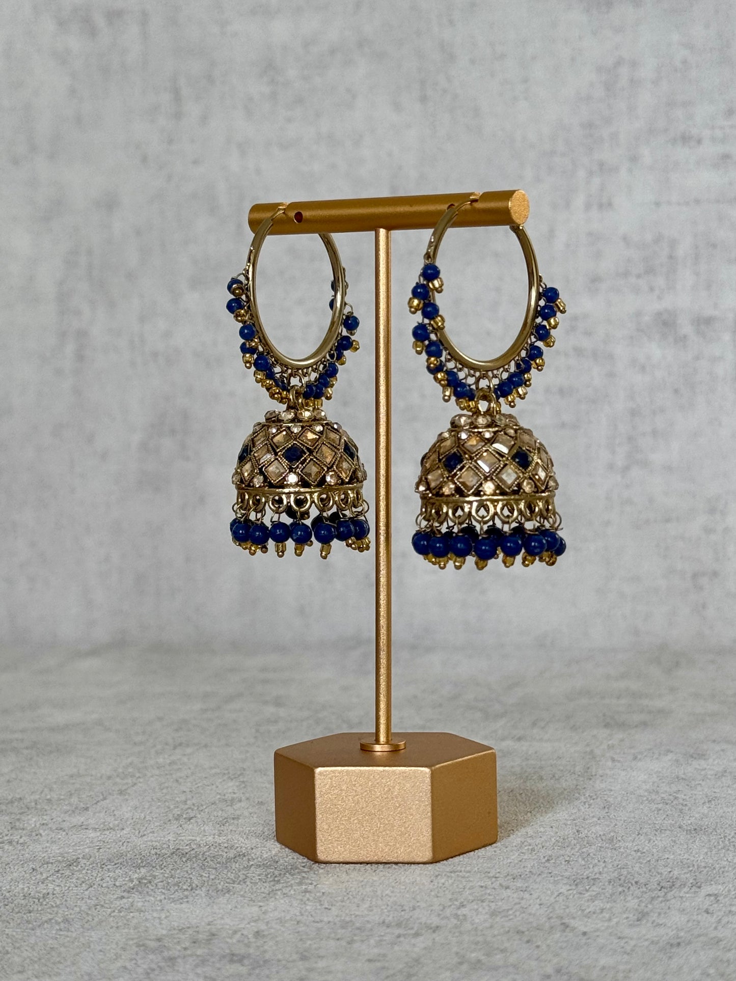 Ayura Designs Jugni Bali Jhumkas – Antique Gold with Royal Blue Beads