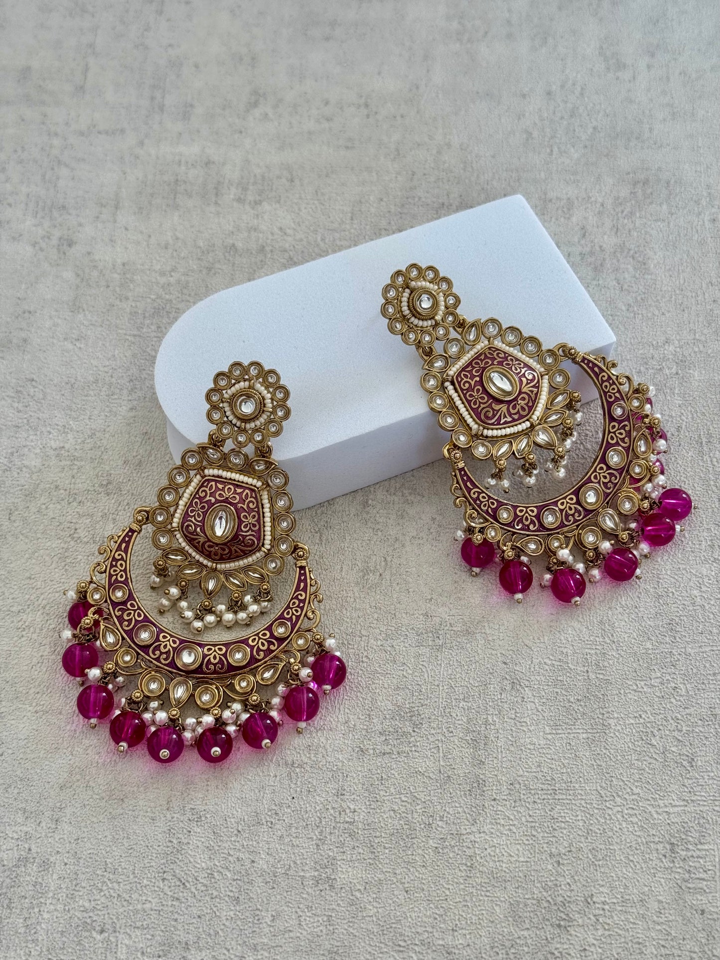 Ayura Designs Safa Antique Gold-Plated Chandbali Earrings with Pearl and Pink Bead Accents