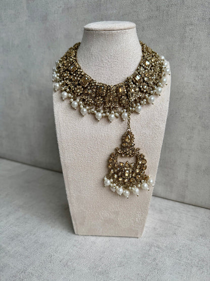 Ayura Designs Layla Set – Luxurious Champagne Gold Ensemble with Pearls | Featuring Chandelier Earrings & Tikka