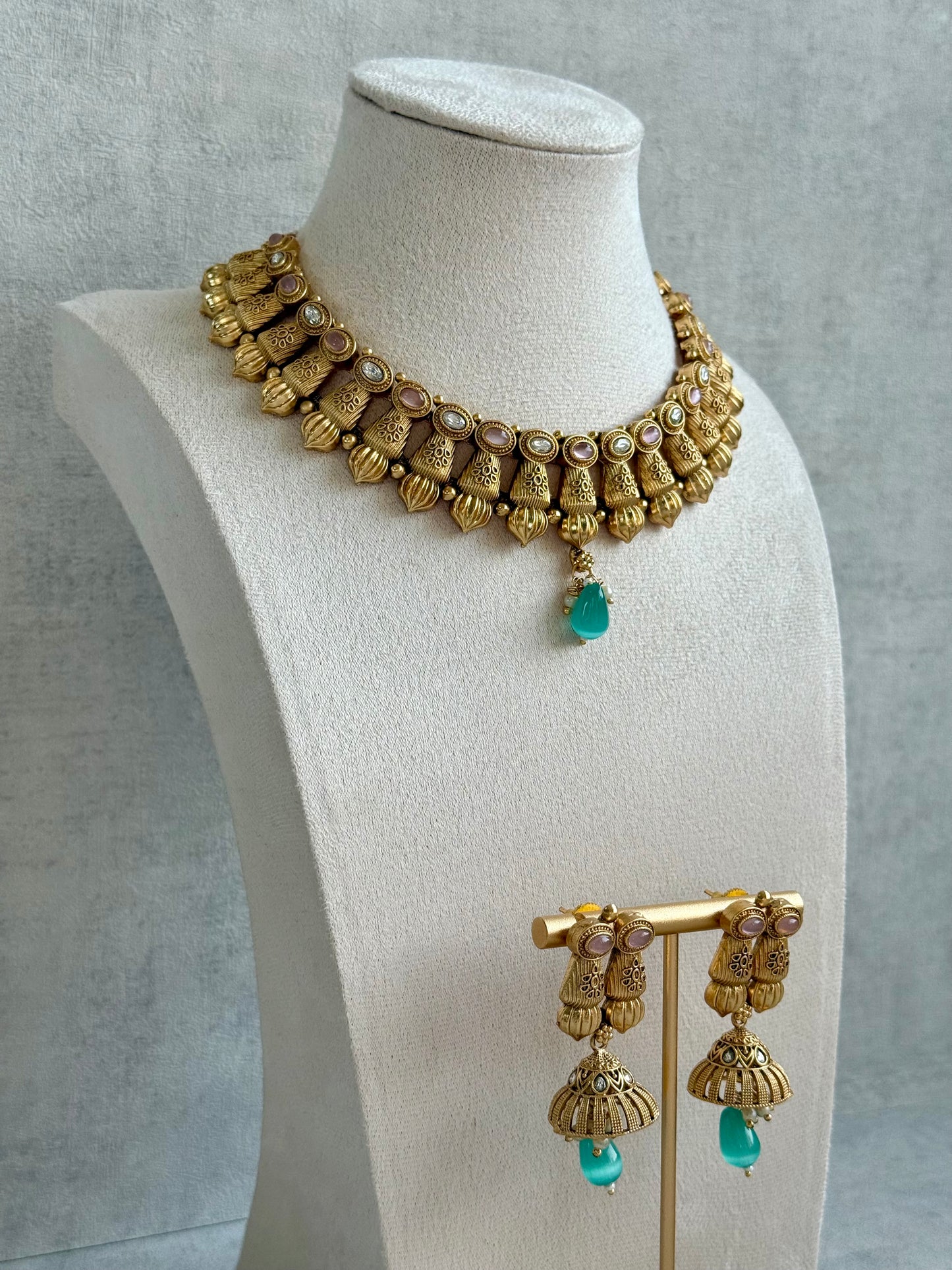 Ayura Designs Aima Necklace Set with Earrings – Antique Gold with Blush Pink & Aqua Green Stones