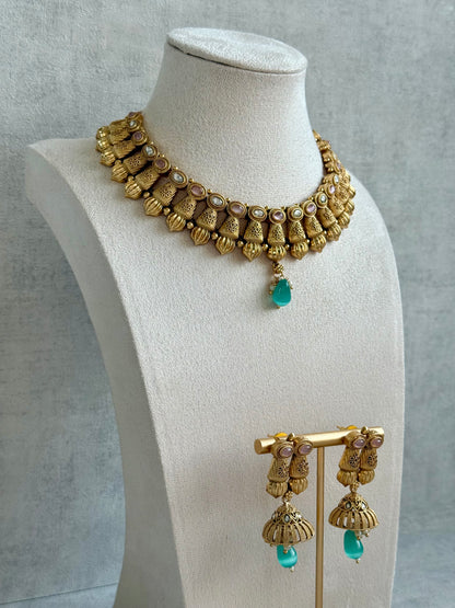 Ayura Designs Aima Necklace Set with Earrings – Antique Gold with Blush Pink & Aqua Green Stones