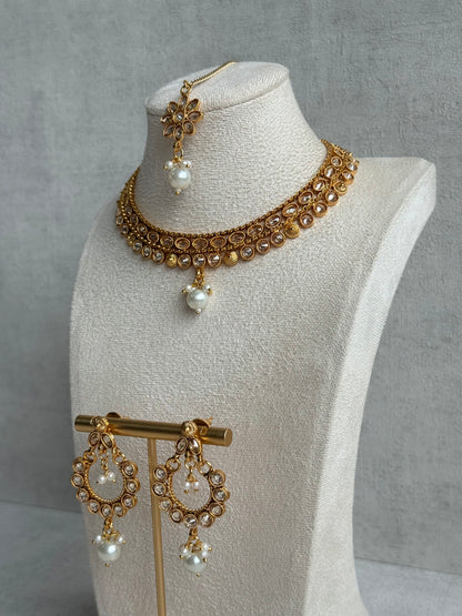 Ayura Designs Rashi Set with Earrings & Tikka – Mirror-Cut Stones with Ivory Pearl Drops in Antique Gold