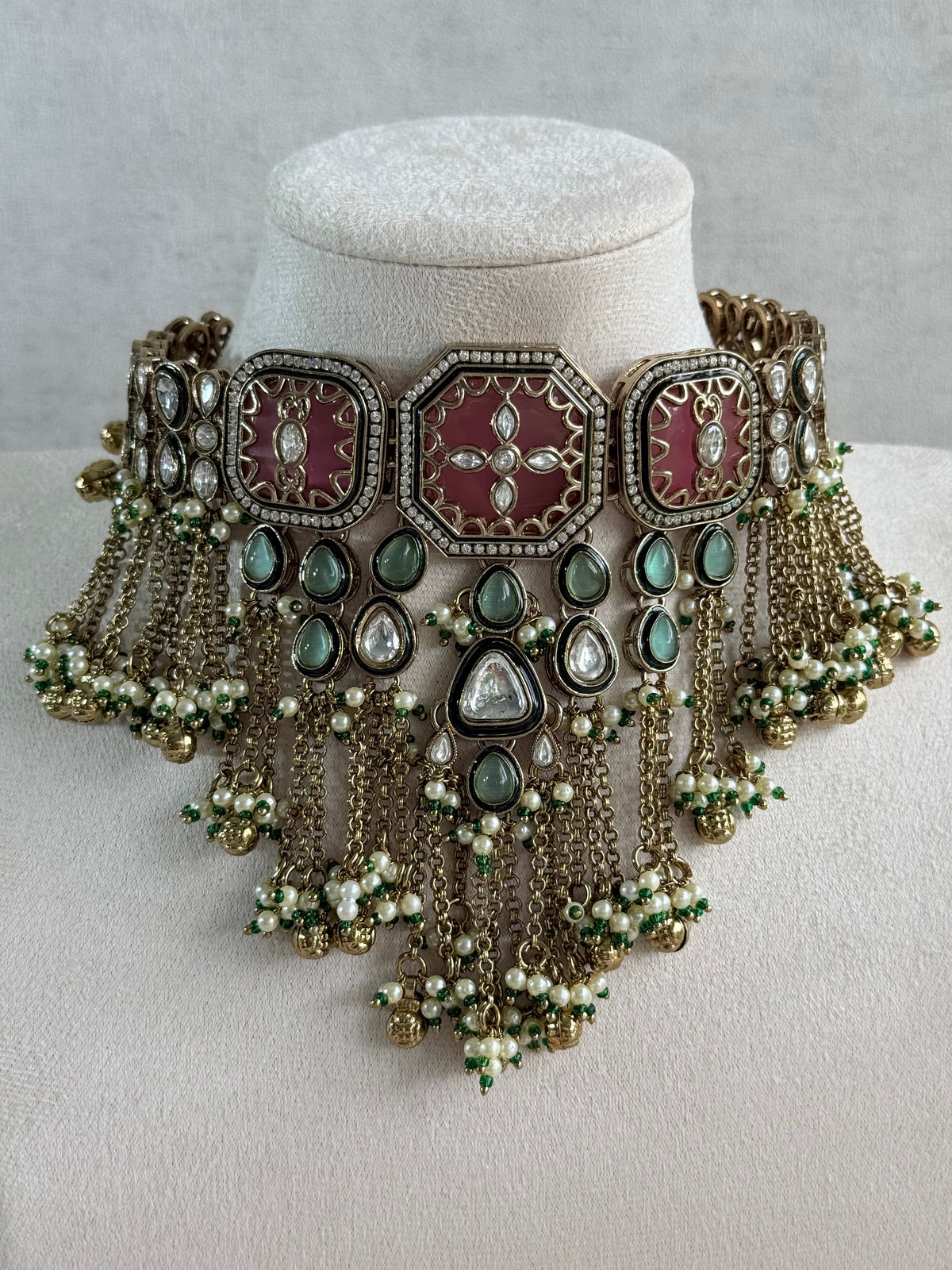 Ayura Designs Ashna Choker Set with Tikka and Earrings – Rose Pink, Mint Green & Kundan with Chains & Ghungroos in Antique Gold Finish