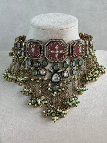 Ayura Designs Ashna Choker Set with Tikka and Earrings – Rose Pink, Mint Green & Kundan with Chains & Ghungroos in Antique Gold Finish