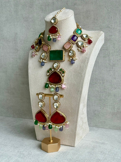 Ayura Designs Lara Set – Statement Multicolour Necklace, Earrings & Tikka with Ruby, Emerald & Pastel Beads