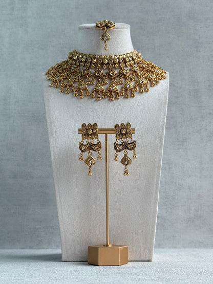 Ayura Designs Sifat Bridal Set with Earrings & Tikka – Antique Gold Kundan Waterfall Design with Paisley & Ghungroo Drops