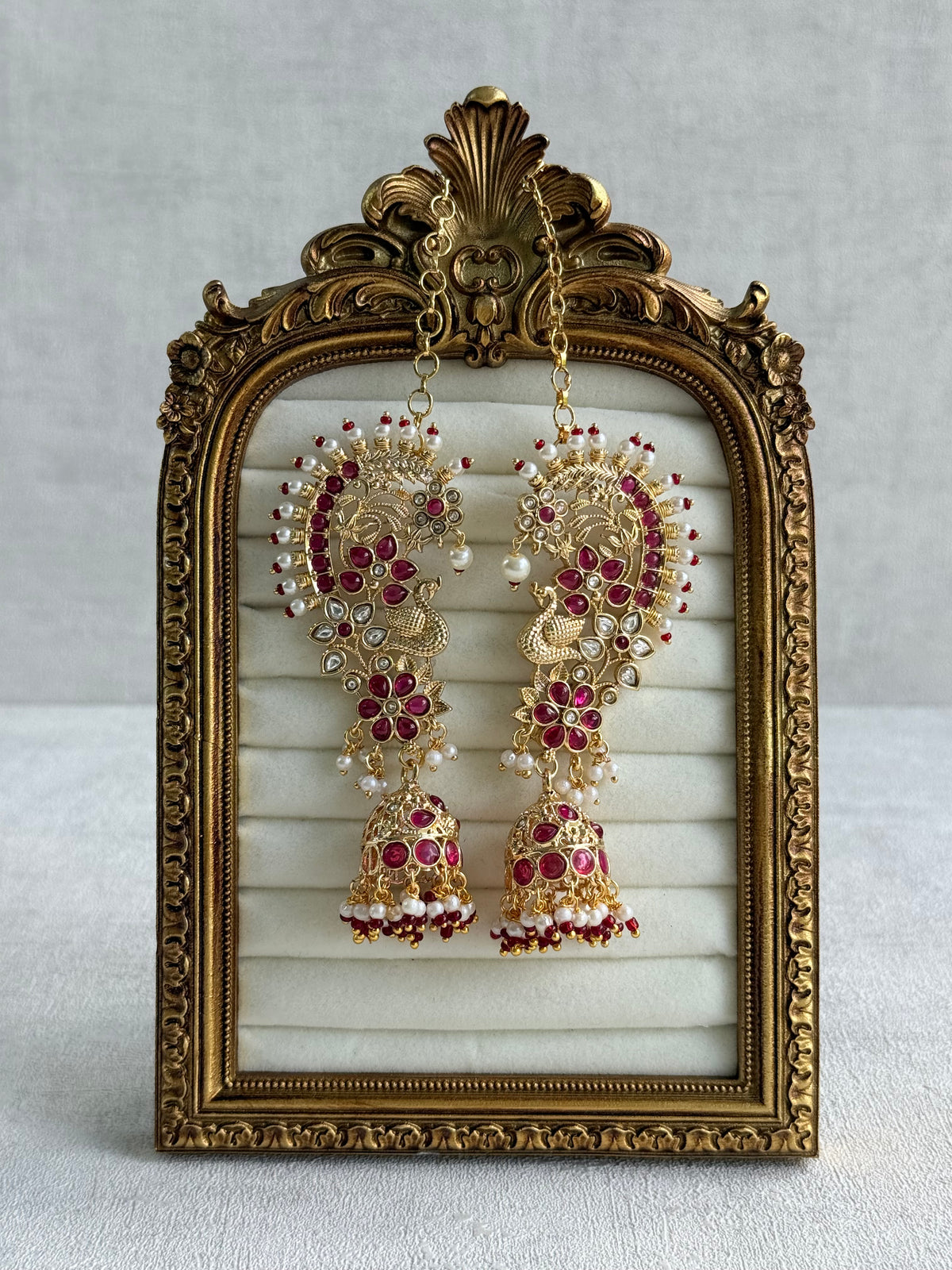Ayura Designs Nitya Kaanphool Jhumkis – Gold Peacock Motifs, Pink Kundan & Pearl Drops with Attached Sahare