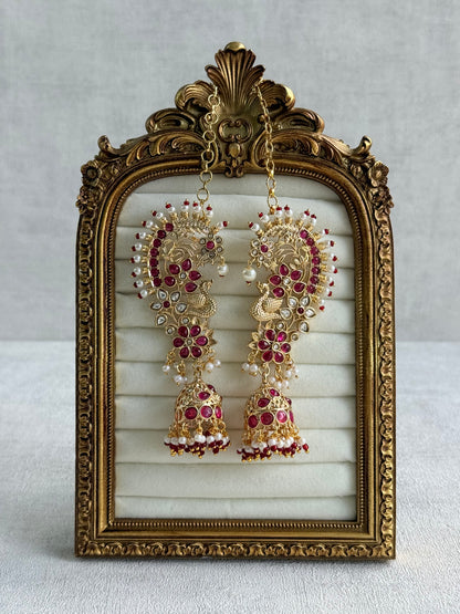 Ayura Designs Nitya Kaanphool Jhumkis – Gold Peacock Motifs, Pink Kundan & Pearl Drops with Attached Sahare