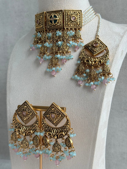 Ayura Designs Samera Choker Set with Earrings & Tikka – Aqua Blue & Blush Pink Beads, Green Centre Stone, Floral Motifs & Antique Gold Finish