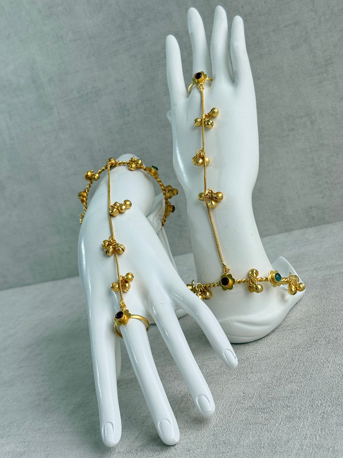 Ayura Designs Kajri Haathphool Set of 2 – Gold Tone Floral Hand Harness with Multicolour Stones & Ghungroo Detailing