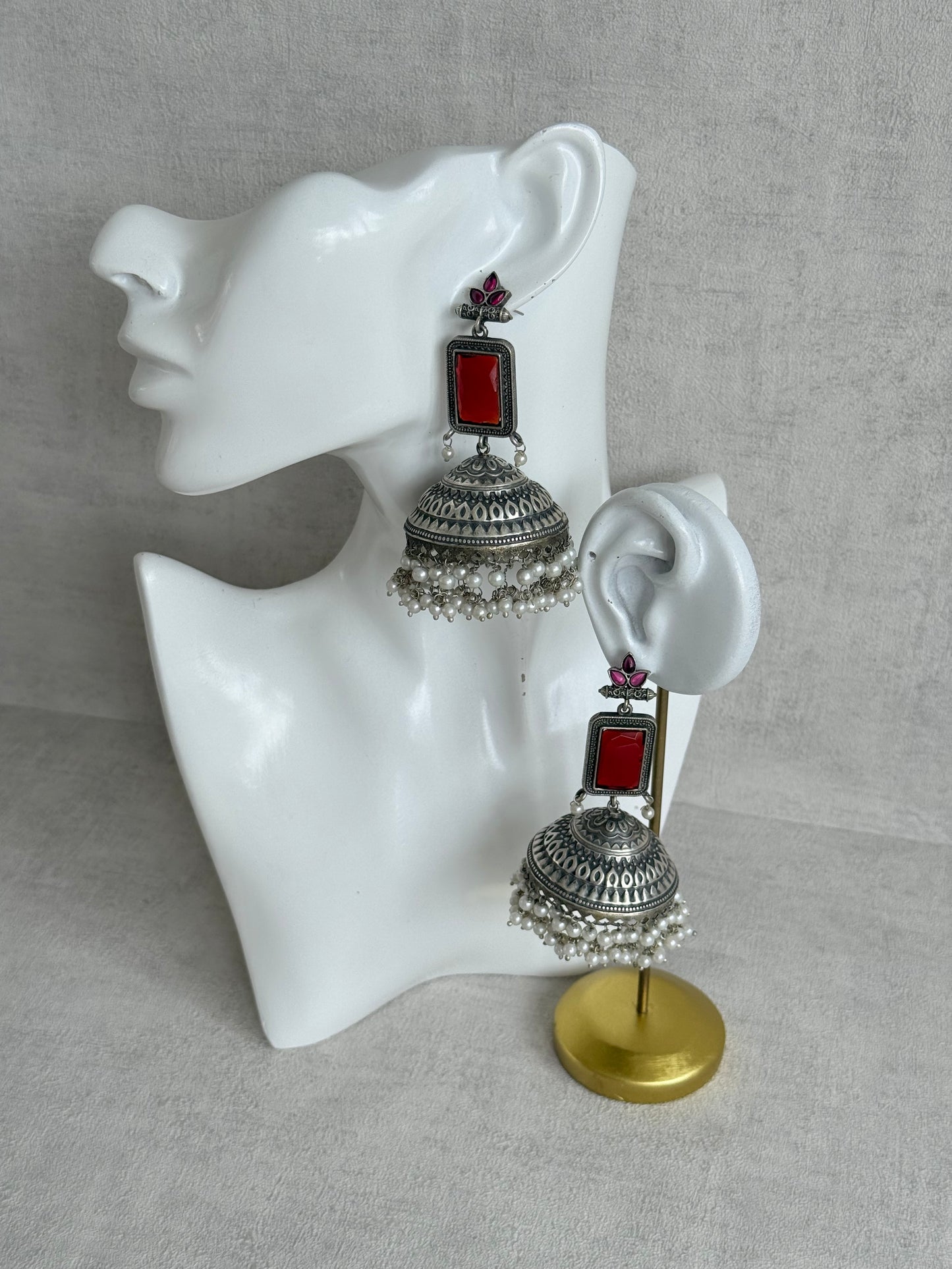 Ayura Designs Zeba Earrings – Oxidised Statement Jhumkis in Ruby Red & Pink Stones with Pearl Detailing