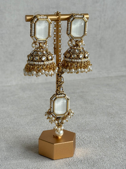Ayura Designs Heena Tikka Set with Jhumkis – Ivory Stone, Kundan & Pearl Detailing