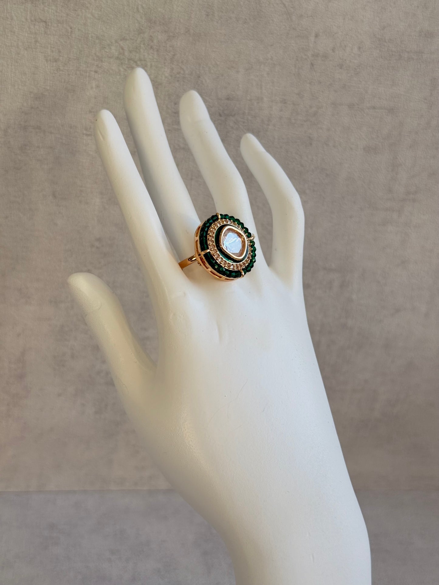 Ayura Designs Roselle Adjustable Ring – Moissanite Centre with Crystal Border & Emerald Green Beads