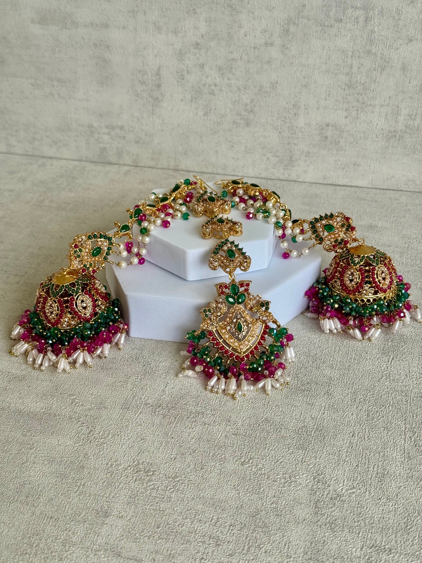 Ayura Designs Safia Tikka Set with Sahare Earrings – Multicolour (Emerald Green, Hot Pink & Ivory Beads)