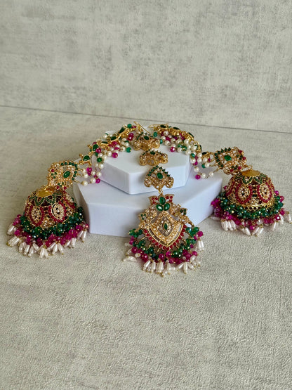 Ayura Designs Safia Tikka Set with Sahare Earrings – Multicolour (Emerald Green, Hot Pink & Ivory Beads)