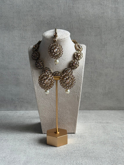 Ayura Designs Sania Set with Necklace, Earrings & Tikka – Champagne Kundan Stones & Antique Gold Finish