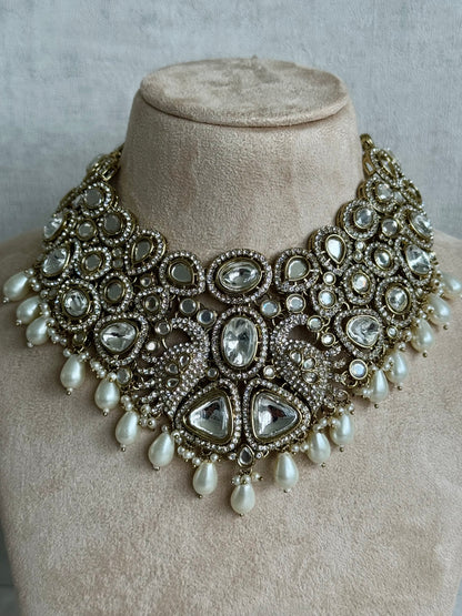 Ayura Designs Tajdar Bridal Set with Necklace, Jhumkis, Tikka, Nath, Ring & Sheeshphool – Jadau Kundan Craftsmanship with Mirror-Cut Polki, Ivory Pearl Drops & Antique Silver-Gold Finish