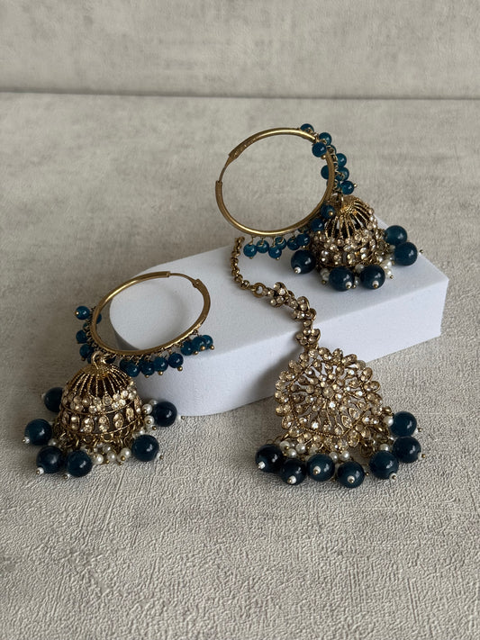Ayura Designs Dastoor Tikka Set with Balis – Midnight Blue Beads, Champagne Stones & Pearls