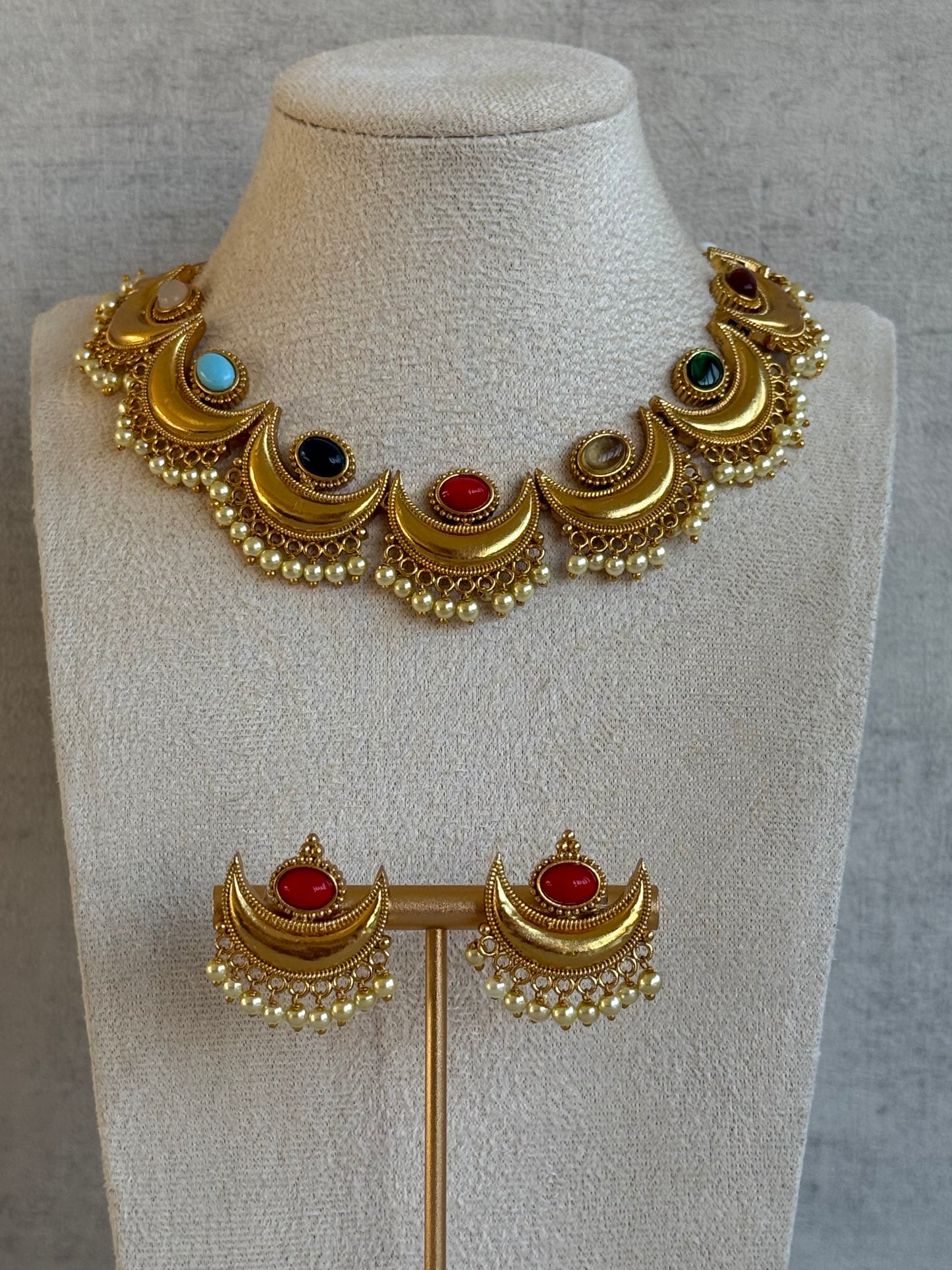 Ayura Designs Laksha Set with Earrings – Antique Gold Crescent Motifs, Multicolour Stones & Pearl Detailing