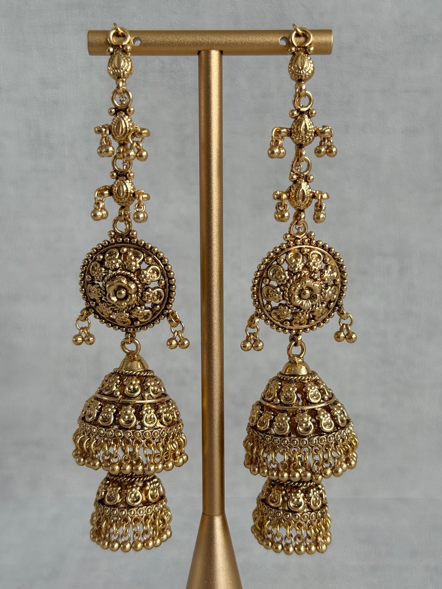 Ayura Designs Chhavi Sahare Jhumkis – Antique Gold Finish with Double Dome Design