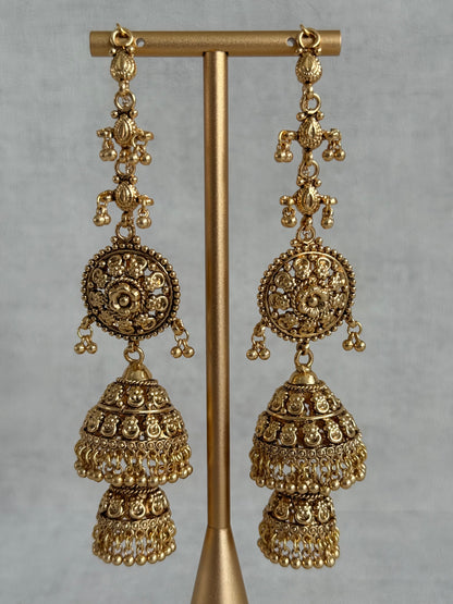 Ayura Designs Chhavi Sahare Jhumkis – Antique Gold Finish with Double Dome Design