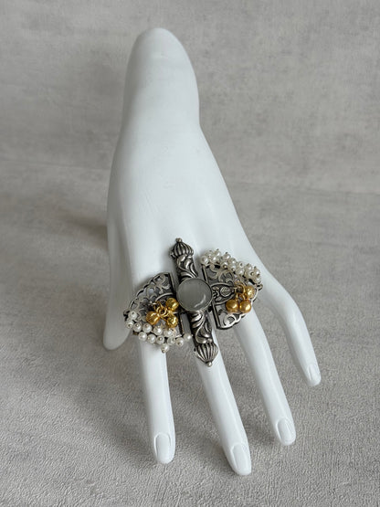 Ayura Designs Arshia Adjustable Ring – Oxidised Statement Ring with Pearl Detailing, Grey Stone & Ghungroo Charms
