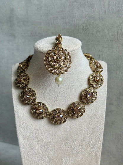 Ayura Designs Sania Set with Necklace, Earrings & Tikka – Champagne Kundan Stones & Antique Gold Finish