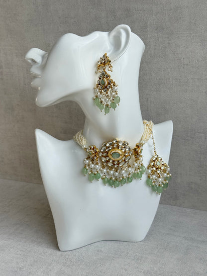 Ayura Designs Tasveer Pachi Kundan Choker Set with Earrings, Tikka & Mint Green Bead Detailing