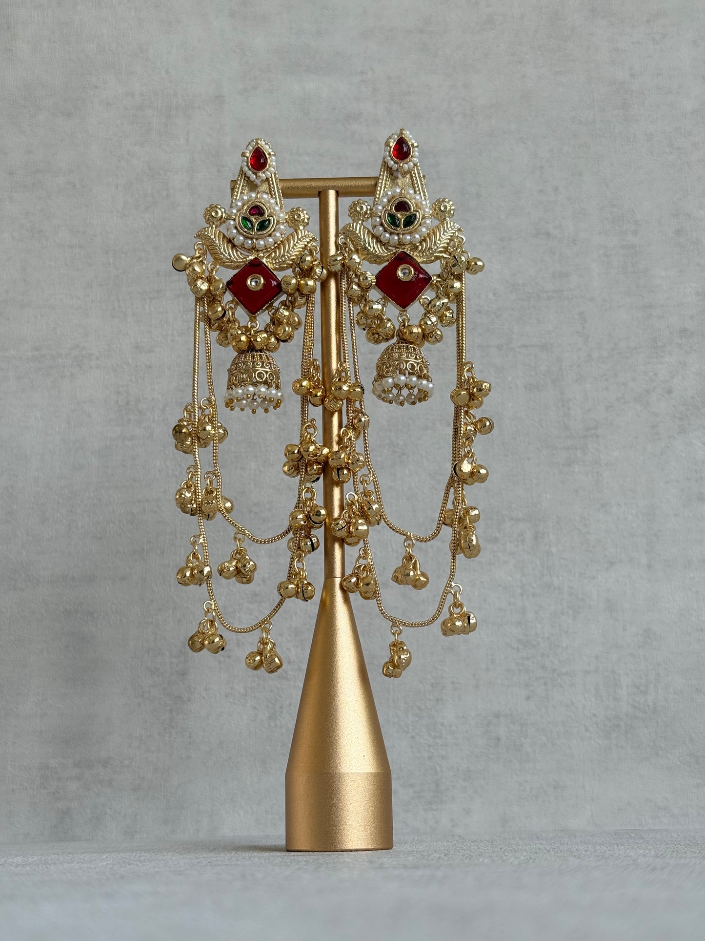 Ayura Designs Simal Earrings – Kashmiri Earrings with Red Stone, Multicoloured Detailing, Layered Ghungroo Chains & Jhumkis