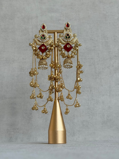 Ayura Designs Simal Earrings – Kashmiri Earrings with Red Stone, Multicoloured Detailing, Layered Ghungroo Chains & Jhumkis