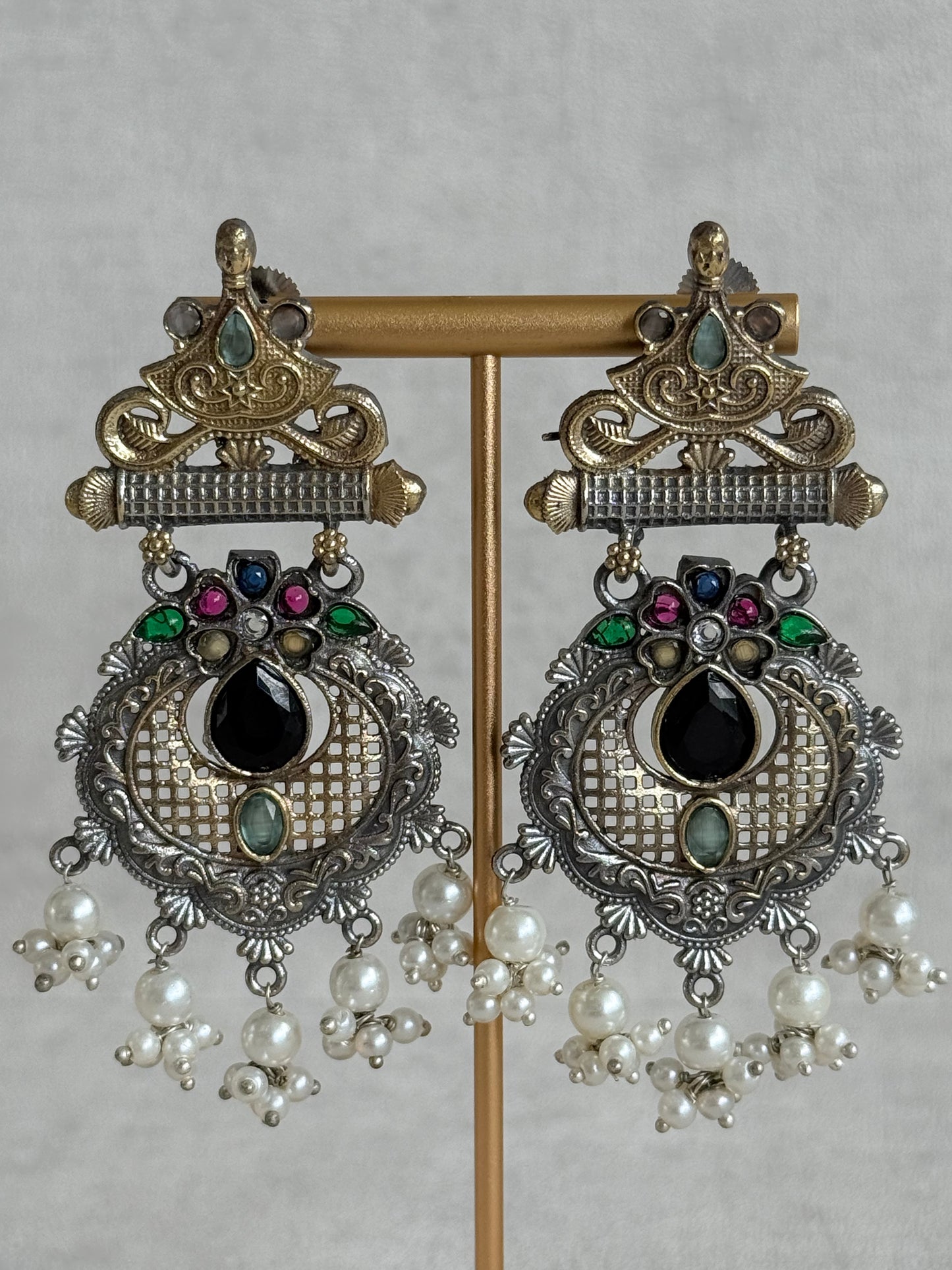 Ayura Designs Taali Earrings – Dual Tone Oxidised Statement Earrings with Multicolour Stones & Pearl Clusters