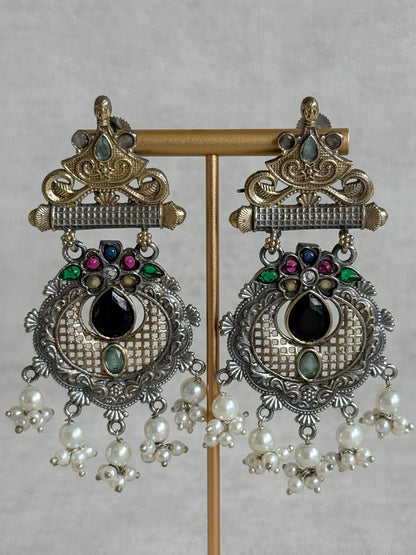 Ayura Designs Taali Earrings – Dual Tone Oxidised Statement Earrings with Multicolour Stones & Pearl Clusters