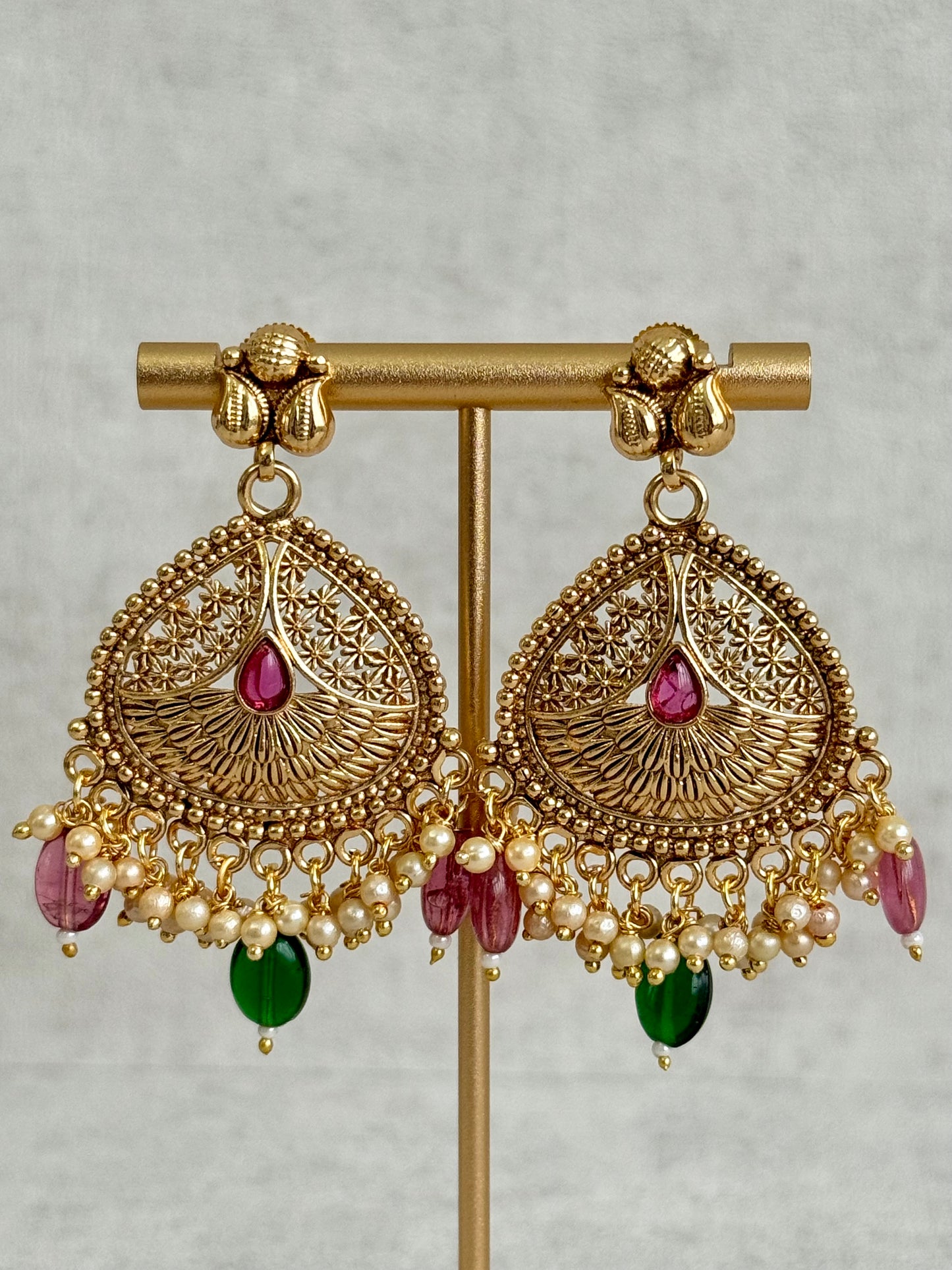 Ayura Designs Hamida Set with Necklace, Earrings & Tikka – Antique Gold with Ruby Pink and Emerald Green Beads & Pearl Detailing