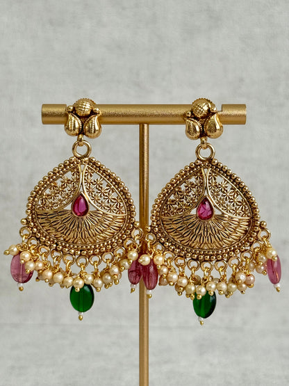Ayura Designs Hamida Set with Necklace, Earrings & Tikka – Antique Gold with Ruby Pink and Emerald Green Beads & Pearl Detailing