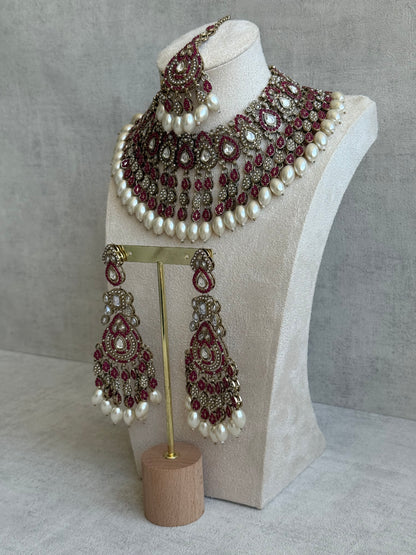 Ayura Designs Riwaayat Set with Necklace, Earrings, Tikka & Passa – Fuchsia Stones, Mirror-Cut Detailing & Ivory Pearl Drops