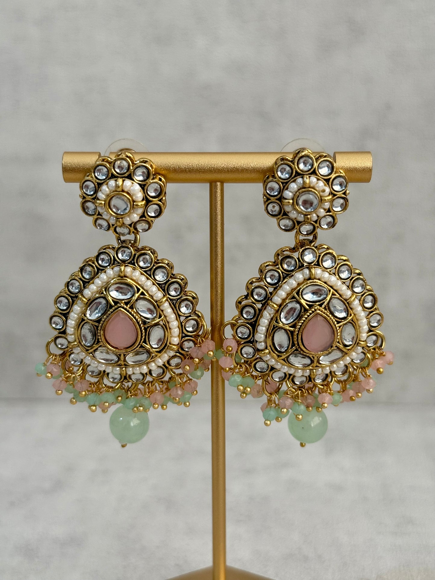 Ayura Designs Tehreem Set with Necklace, Earrings & Tikka – Mirror-Cut Stones, Mint Green & Pink Beads & Antique Gold Finish