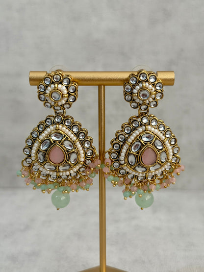 Ayura Designs Tehreem Set with Necklace, Earrings & Tikka – Mirror-Cut Stones, Mint Green & Pink Beads & Antique Gold Finish