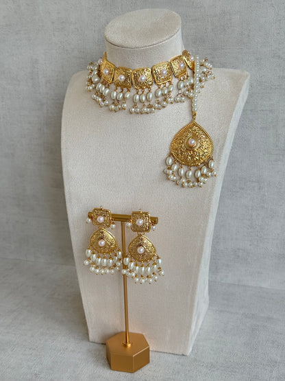 Ayura Designs Chetna Choker Set with Earrings & Tikka – Ivory Pearl Beads & Pearl Drops with Pipal Patti Detailing
