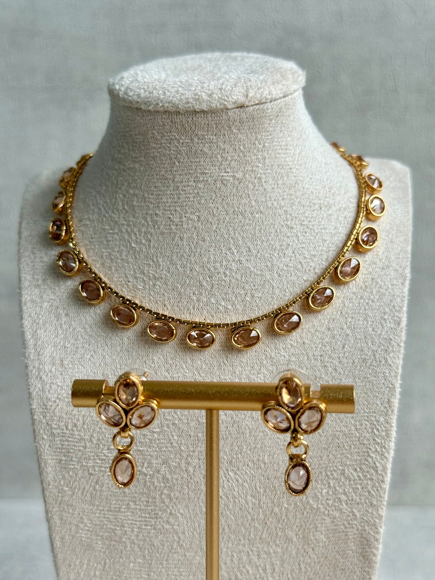 Ayura Designs Dhruvika Set – Necklace & Earrings with Champagne-Toned Stones & Antique Gold Finish
