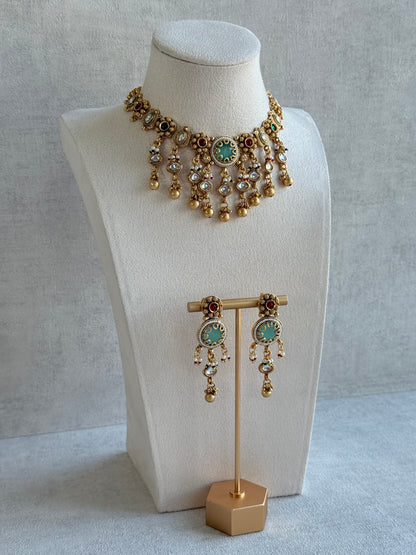 Ayura Designs Abira Necklace Set with Earrings – Kundan, Multicolour Stones, Pearl Detailing & Gold Finish