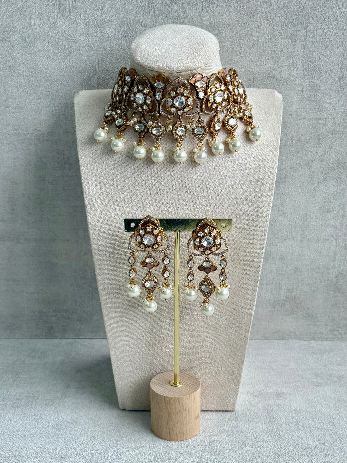 Ayura Designs Serina Choker Set with Earrings – Nude Blush Enamel, Mirror-Cut Stones & Pearl Drops