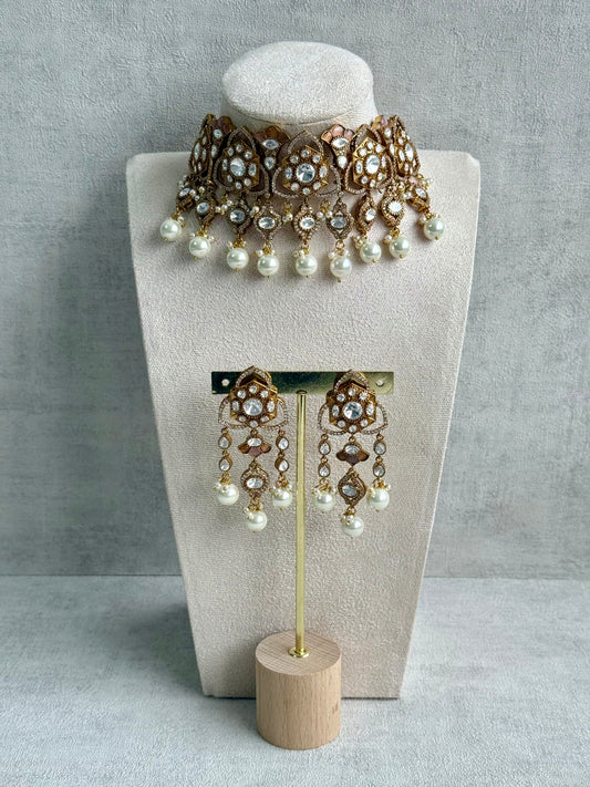 Ayura Designs Serina Choker Set with Earrings – Nude Blush Enamel, Mirror-Cut Stones & Pearl Drops