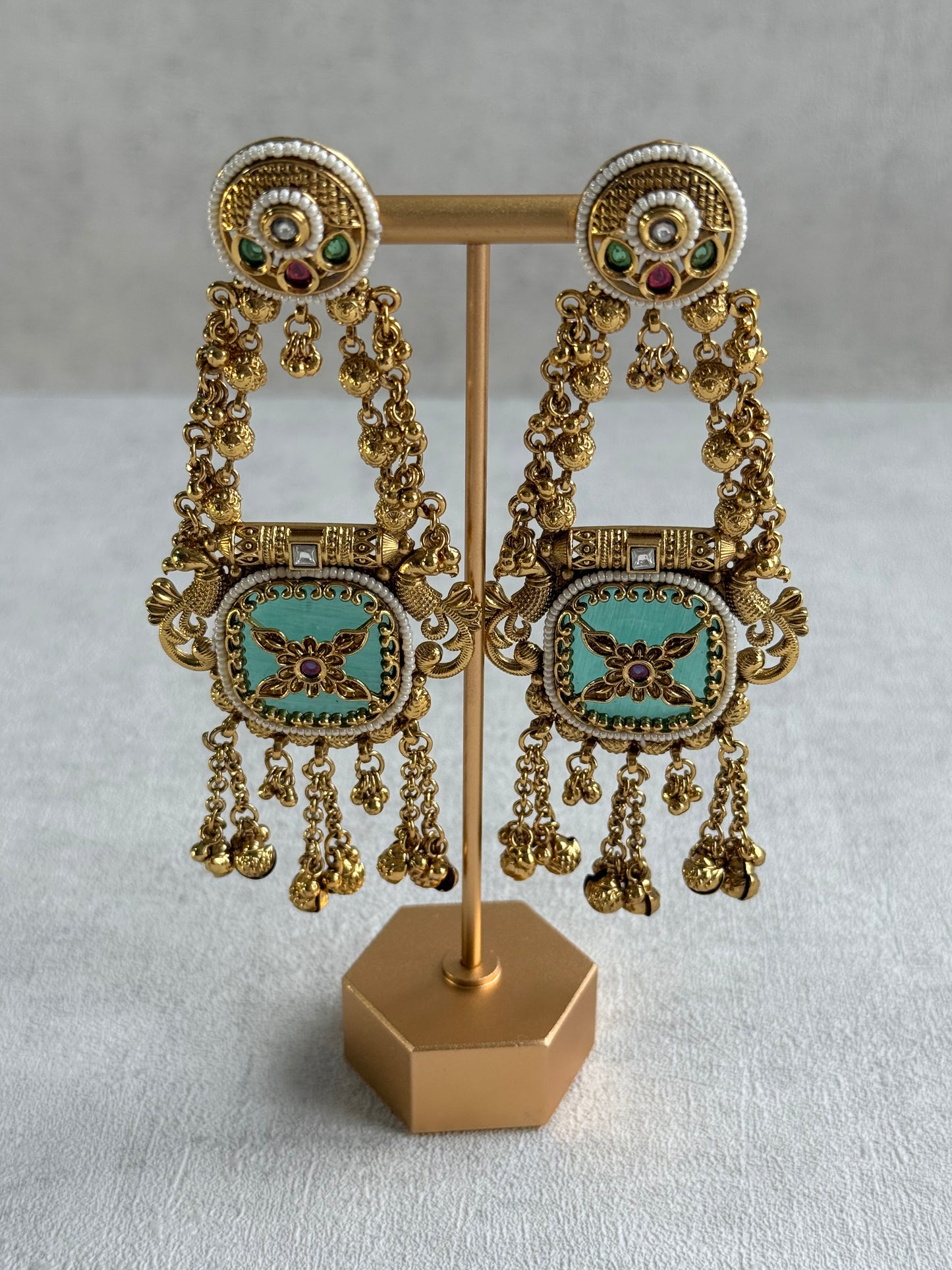 Ayura Designs Hazar Earrings – Gold Peacock Design with Mint Green Enamel, Multicoloured Stones, Pearl Beading & Ghungroo Detailing