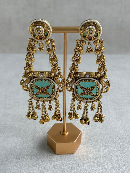 Ayura Designs Hazar Earrings – Gold Peacock Design with Mint Green Enamel, Multicoloured Stones, Pearl Beading & Ghungroo Detailing