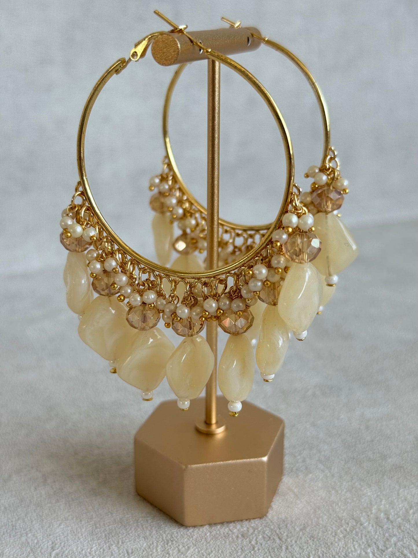 Ayura Designs Heer Balis – Gold Hoops with Ivory Pearl Marble Beads, Pearls & Crystal Detailing