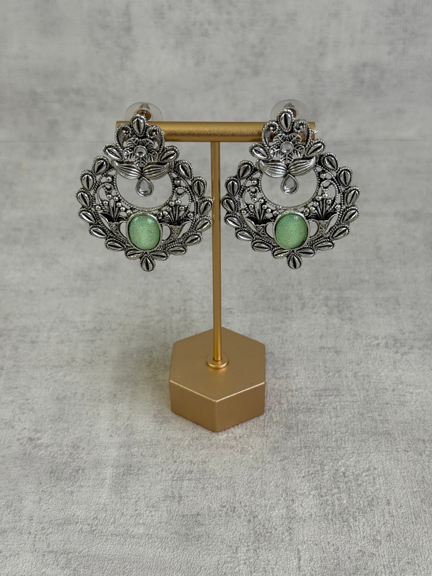 Ayura Designs Eila Earrings with Pistachio Green Stone in Antique Silver Finish